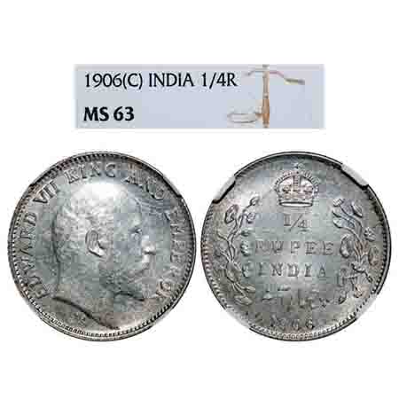 Edward VII, Silver, 1/4 Rupee, 1906, Calcutta Mint, No mint mark. F. Prid 435. GK 975. NGC