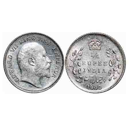Edward VII, Silver, 1/4 Rupee, 1908, Calcutta mint, No mint mark. F. Prid 437. GK 977. Unc