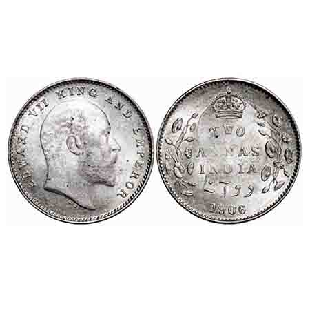 Edward VII, Silver, 2 Annas, 1906, Calcutta Mint, No mint mark, Ghost on Rev. F. Prid 559.