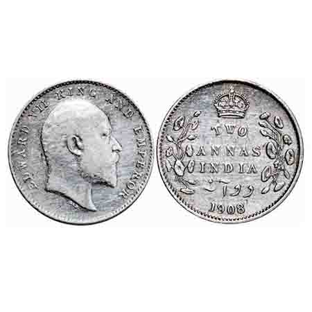 Edward VII, Silver, 2 Annas, 1908, Calcutta Mint, No mint mark. F. Prid 561. GK 985. Extre