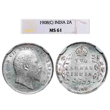 Edward VII, Silver, 2 Annas, 1908, Calcutta Mint, No mint mark. F. Prid 561. GK 985. NGC S