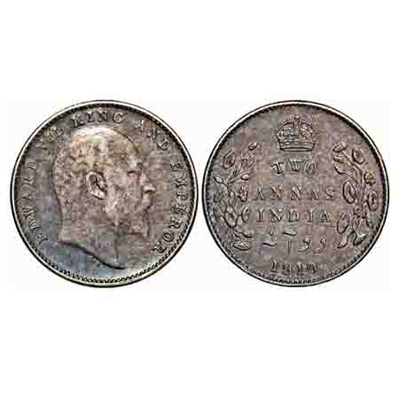 Edward VII, Silver, 2 Annas, 1910, Bombay Mint, Dot. F. Prid unlisted. GK 988. Extremely F