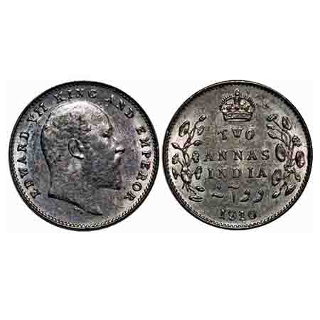 Edward VII, Silver, 2 Annas, 1910, Bombay Mint, Dot. F. Prid Unlisted. GK 988. Almost Unci