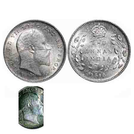 Edward VII, Silver, 2 Annas, 1910, Calcutta Mint, Error: Struck through error on Obv. F. P