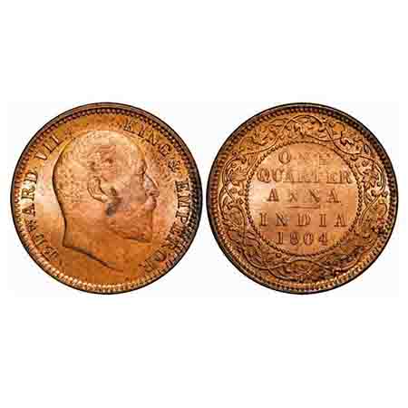 Edward VII, Copper, Quarter Anna, 1904, Calcutta Mint, No mint mark. F. Prid 647. GK 995. 