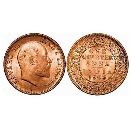 Edward VII, Copper, Quarter Anna, 1905, Calcutta mint, No mint mark, Die crack on Obv. F. 