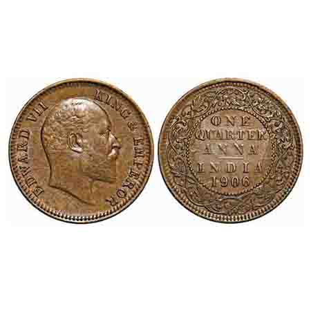 Edward VII, Bronze, Quarter Anna, 4.84g, 1906, Calcutta Mint, No mint mark. F. Prid 651. G