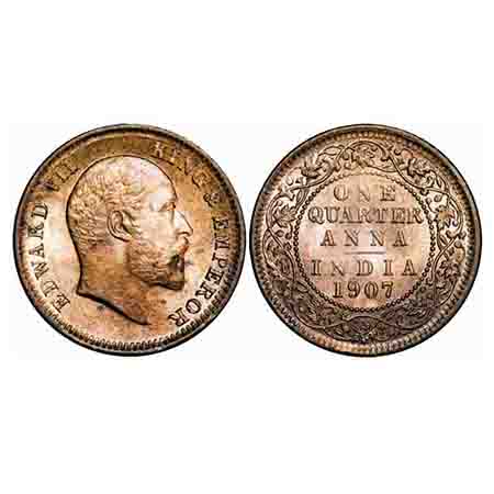 Edward VII, Bronze, Quarter Anna, 1907, Calcutta Mint, No mint mark. F. Prid 652. GK 999. 
