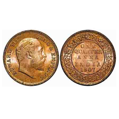 Edward VII, Bronze, Quarter Anna, 1907, Calcutta Mint, No mint mark, Die cracks on Obv. F.