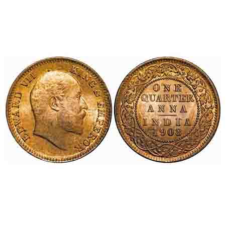 Edward VII, Bronze, Quarter Anna, 1908, Calcutta Mint, No mint mark. F. Prid 653. GK 1000.