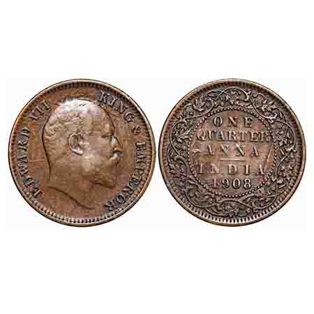 Edward VII, Bronze, Quarter Anna, 1908, Calcutta Mint, No mint mark, Full skull ghost on R