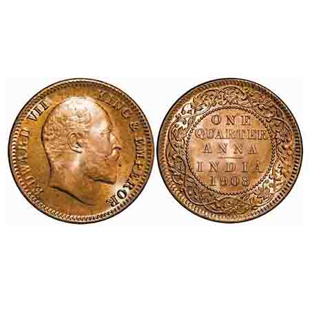 Edward VII, Bronze, Quarter Anna, 1908, Calcutta Mint, No mint mark, Ghost on Rev. F. Prid