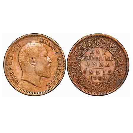 Edward VII, Bronze, Quarter Anna, 1909, Calcutta mint, No mint mark. F. Prid 654. GK 1001.