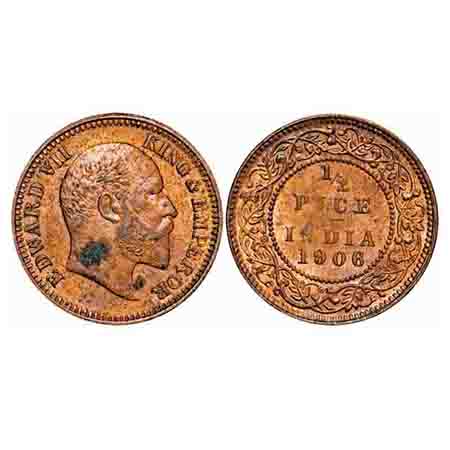 Edward VII, Copper, 1/2 Pice, 3.17g, 1906, Calcutta Mint, No mint mark. F. Prid 739. GK 10