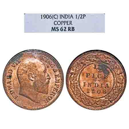 Edward VII, Copper, 1/2 Pice, 1906, Calcutta Mint, No mint mark. F. Prid 739. GK 1006. NGC