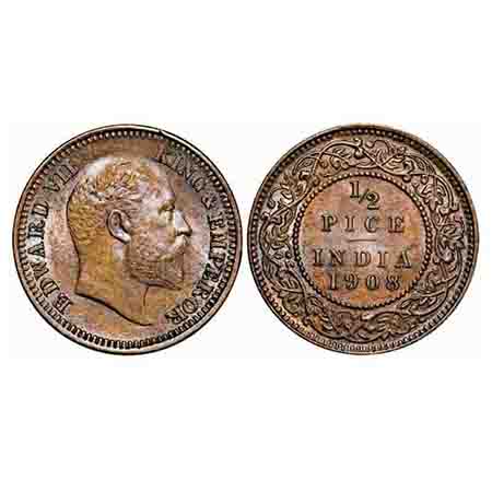 Edward VII, Bronze, 1/2 Pice, 1908, Calcutta Mint, No mint mark. F. Prid 742. GK 1009. Abo