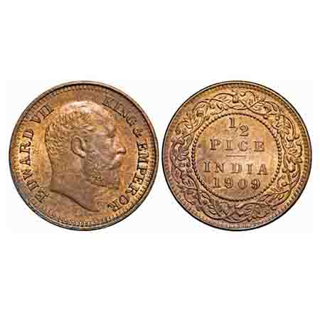 Edward VII, Bronze, 1/2 Pice, 1909, Calcutta Mint, No mint mark. F. Prid 743. GK 1010. Unc
