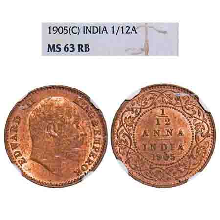 Edward VII, Copper, 1/12 Anna, 1905, Calcutta Mint, No mint mark. F. Prid. 820. GK 1014. N
