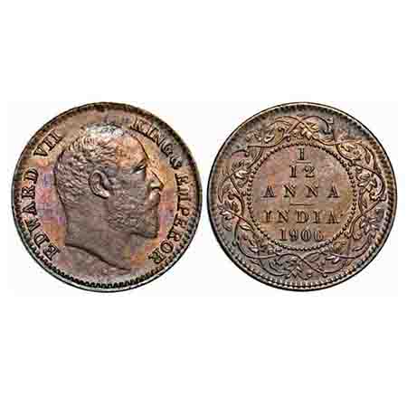 Edward VII, Bronze, 1/12 Anna, 1.61g, 1906, Calcutta Mint, No mint mark, Die cracks on Obv
