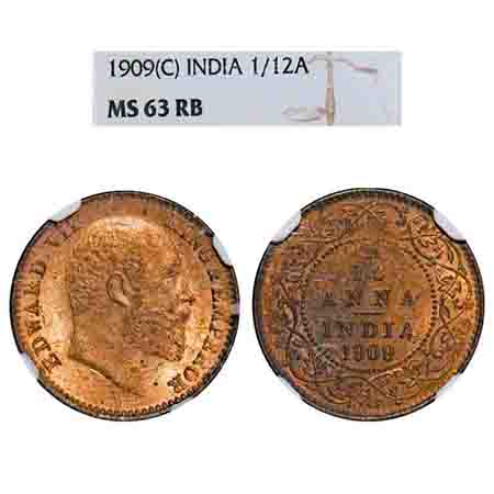 Edward VII, Bronze, 1/12 Anna, 1909, Calcutta Mint, No mint mark. F. Prid. 825. GK 1019. N