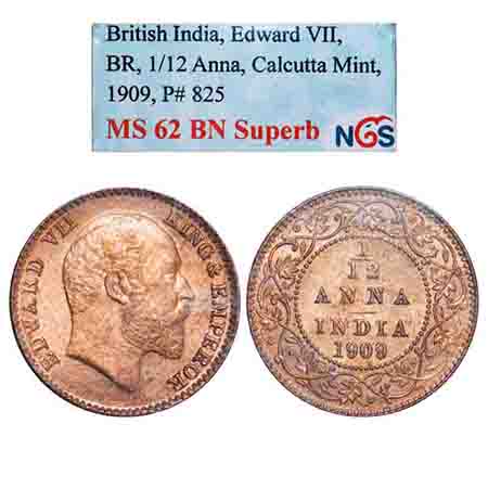 Edward VII, Bronze, 1/12 Anna, 1909, Calcutta Mint, No mint mark. F. Prid 825. GK 1019. NG