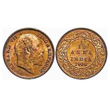 Edward VII, Bronze, 1/12 Anna, 1909, Calcutta Mint, No mint mark. F. Prid 825. GK 1019. Br