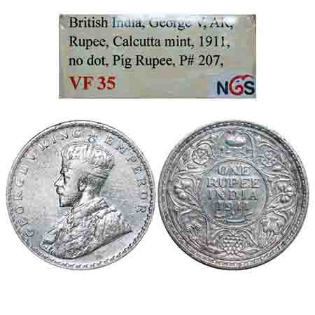 George V, Silver, Rupee, 1911, Calcutta Mint, No dot, Pig-Type. F. Prid 207. GK 1021. NGS 