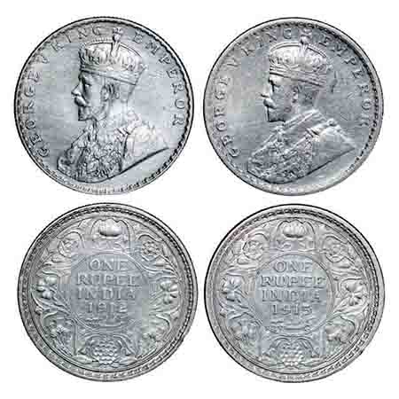 George V, Silver, Rupee, (2 coins), 1) 1912, Calcutta Mint, No dot, Re-Drawn elephant wih