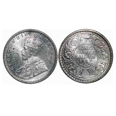 George V, Silver, Rupee, 1913, Calcutta Mint, No dot. F. Prid 209. GK 1027. Uncirculated. 
