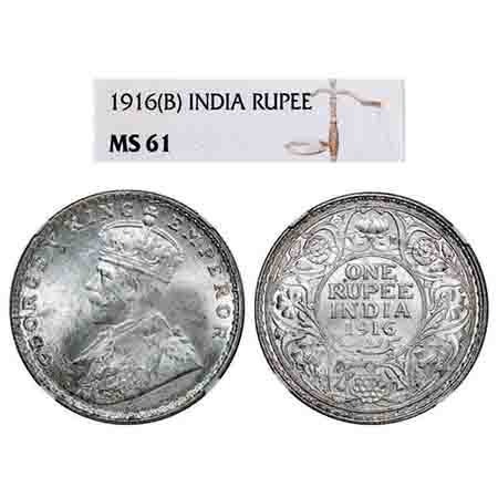 George V, Silver, Rupee, 1916, Bombay Mint, Dot. F. Prid. 222. GK 1034. NGC Slabbed MS 61.