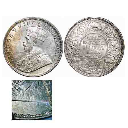 Georgr V, Silver, Rupee, 1916, Bombay Mint, Dot, Raised initials 'B M' of Bertaram MacKenn