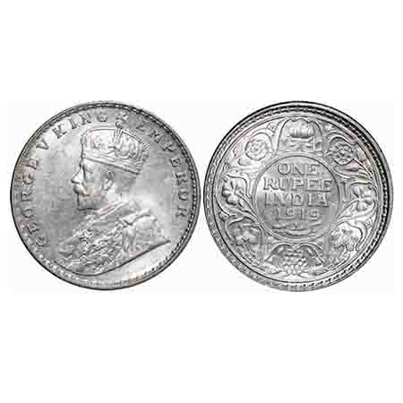 George V, Silver, Rupee, 1919, Calcutta Mint, No dot. F. Prid 215. GK 1039. Mint State. Ra