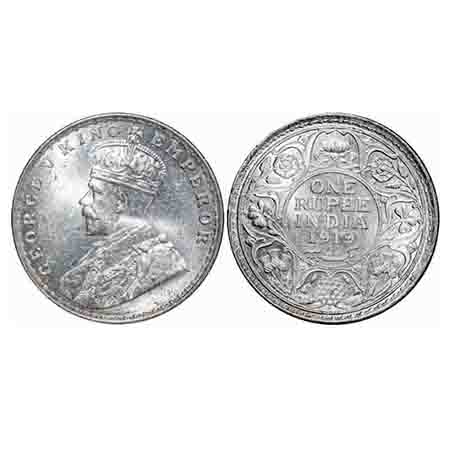 George V, Silver, Rupee, 1919, Bombay Mint, Dot, Raised initials 'B M' of Bertaram MacKenn