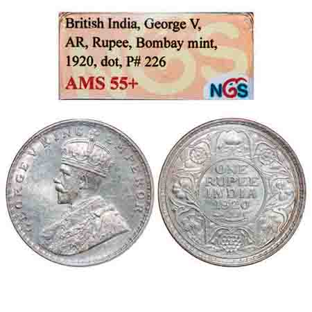 George V, Silver, Rupee, 1920, Bombay Mint, Dot. F. Prid 226. GK 1042. NGS Slabbed AMS 55+