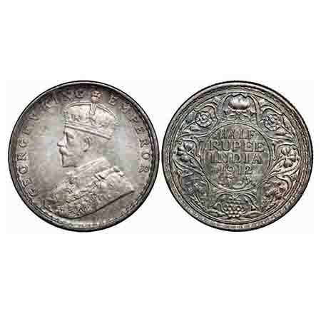 George V, Silver, Half Rupee, 1912, Bombay Mint, Dot, Re-Drawn Elephant. F. Prid 336. GK 1