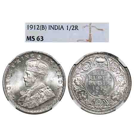 George V, Silver, Half Rupee, 1912, Bombay Mint, Dot, Re-Drawn Elephant. F. Prid 336. GK 1