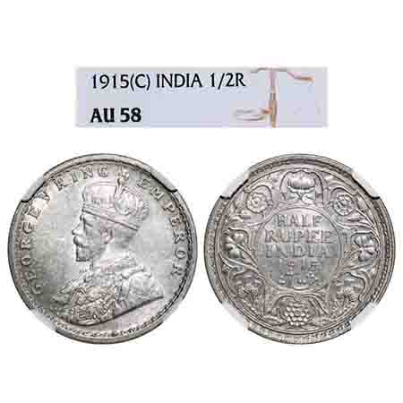 George V, Silver, Half Rupee, 1915, Calcutta Mint, No dot. F. Prid 322. GK 1052. NGC Slabb