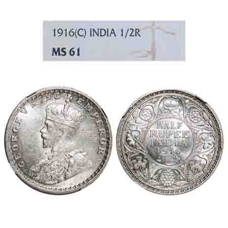 George V, Silver, Half Rupee, 1916, Calcutta Mint, No dot, Elephant. F. Prid 323. GK 1053.