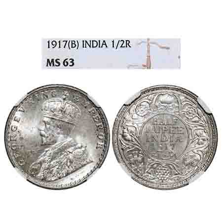 George V, Silver, Half Rupee, 1917, Bombay Mint, Dot. F. Prid 341. GK 1055. NGC Slabbed MS