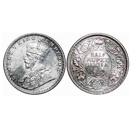 George V, Silver, Half Rupee, 1921, Calcutta Mint, No dot, Ghost on Rev. F. Prid 324. GK 1