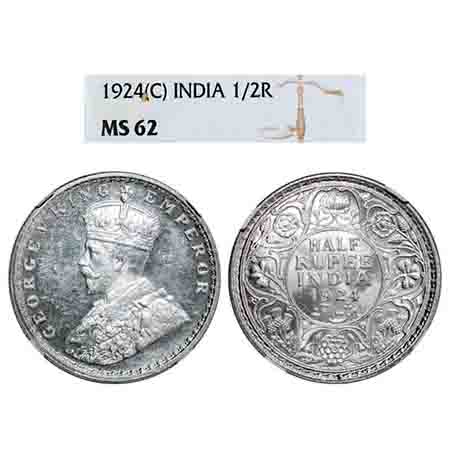George V, Silver, Half Rupee, 1924, Calcutta Mint, No dot. F. Prid 327. GK 1063. NGC Slabb