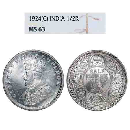 George V, Silver, Half Rupee, 1924, Calcutta Mint, No dot, Elephant. F. Prid 327. GK 1063.