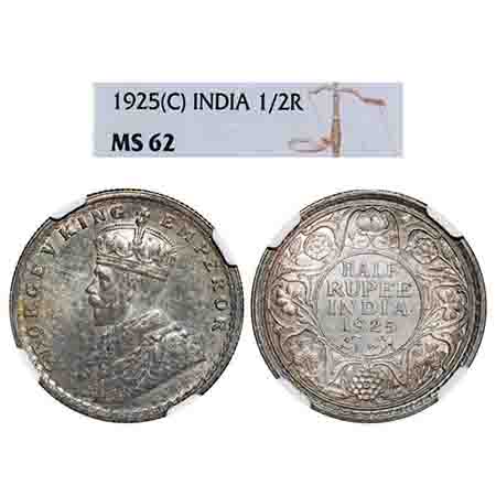 George V, Silver, Half Rupee, 1925, Calcutta Mint, No dot. F. Prid 328. GK 1065. NGC Slabb