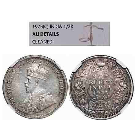 George V, Silver, Half Rupee, 1925, Calcutta Mint, No dot. F. Prid 328. GK 1065. NGC Slabb