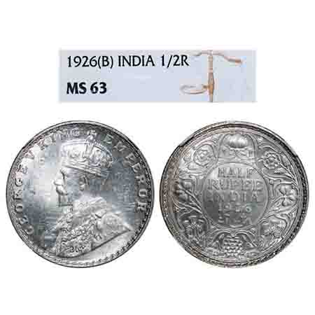George V, Silver, Half Rupee, 1926, Bombay Mint, Dot. F. Prid 348. GK 1068. NGC Slabbed MS