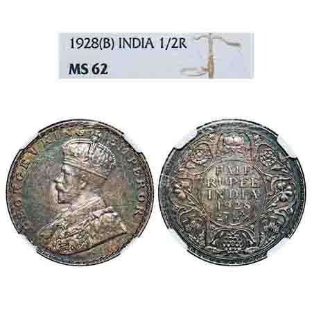 George V, Silver, Half Rupee, 1928, Bombay Mint, Dot. F. Prid 349. GK 1070. NGC Slabbed MS