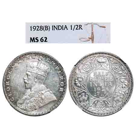 George V, Silver, Half Rupee, 1928, Bombay Mint, Dot. F. Prid 349. GK 1070. NGC Slabbed MS