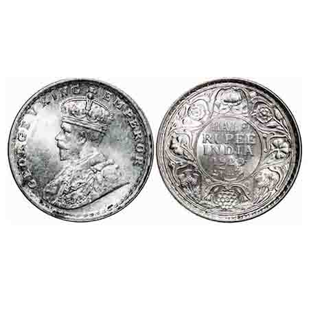 George V, Silver, Half Rupee, 1929, Calcutta Mint, No dot, Ghost on Rev. F. Prid 331. GK 1
