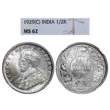 George V, Silver, Half Rupee, 1929, Calcutta Mint, No dot. F. Prid 331. GK 1071. NGC Slabb