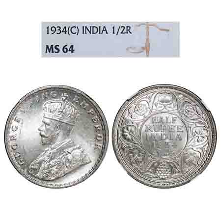 George V, Silver, Half Rupee, 1934, Calcutta Mint, No dot, Elephant. F. Prid 334. GK 1074.